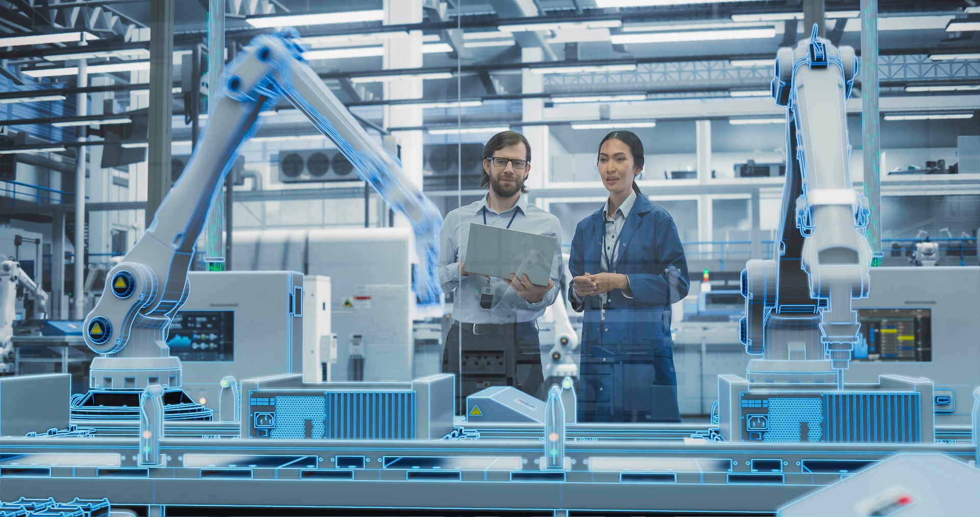 Electronics Factory Digitalization: Automated Robot Arm Assembly Line Manufacturing Advanced Equipment. Managers Discussing Work while Futuristic AI Computer Vision Analyzing, Scanning Production Line